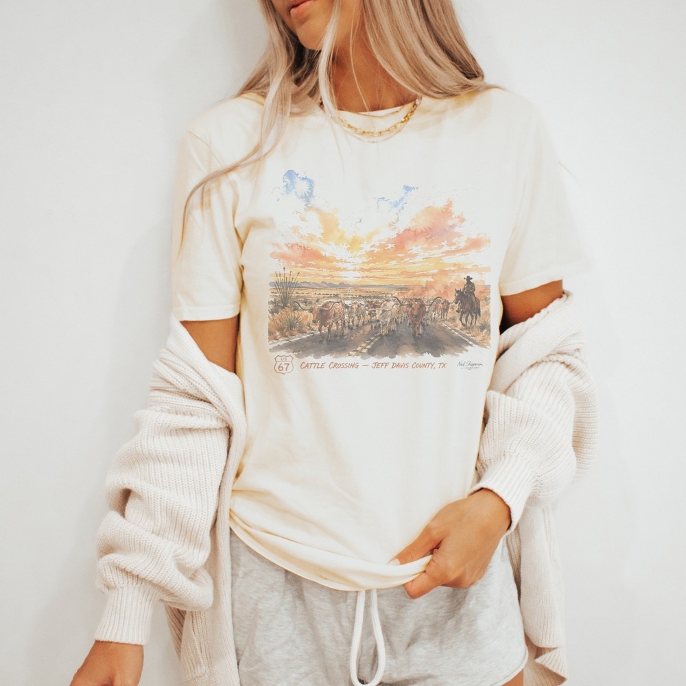 Western Cattle Drive Graphic Tee Vintage Desert Cowboy Watercolor Art